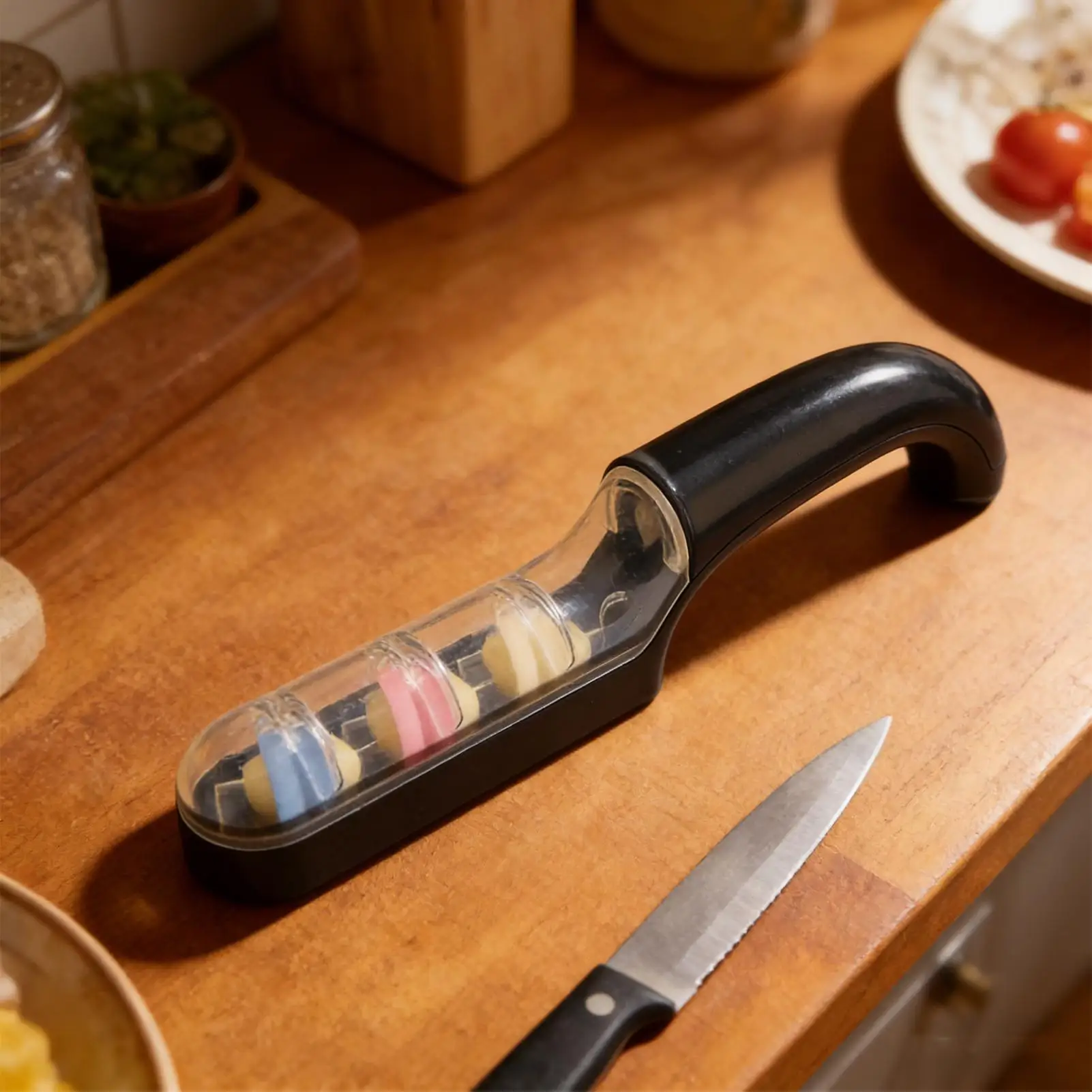 3 Stage Handheld Cutter Sharpener Anti-Slip Handle Grinding Stone Cutter Sharpening System 3 Segment Knife Sharpener for Kitchen
