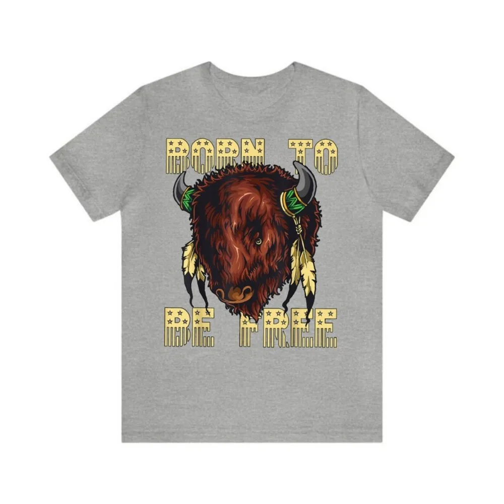 Born To Be Free Native Bison Symbol T-Shirt  American Indian Graphic Tees Native American Pride Shirt Unique Bohemian Style Tops