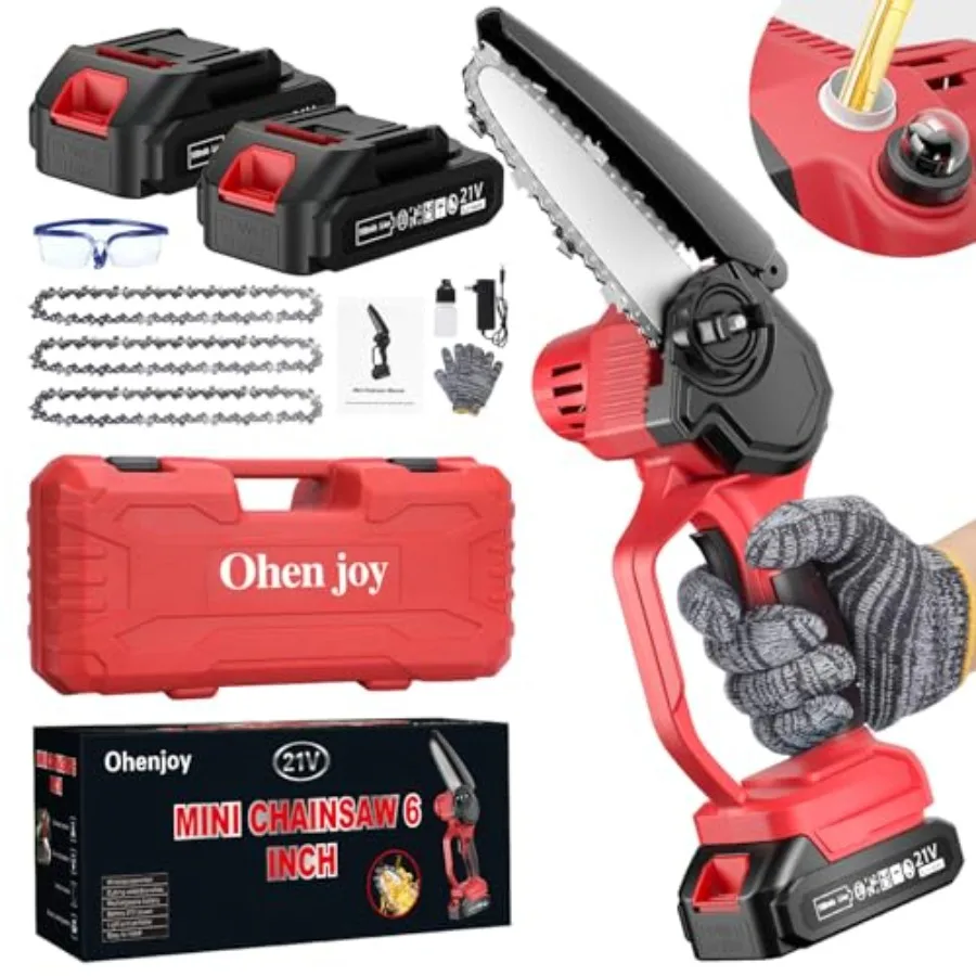 

Mini Chainsaw Cordless 6-Inch, Handheld Chainsaw with Auto-Oiler, 2 Batteries 3 Chains, Portable Electric Chainsaw for Tree/Woo