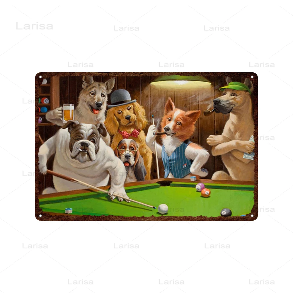 Dogs Playing Poker Game Metal Plaque Animals Playing Billiards Tin Sign Garage Club Wall Pub Tin Sign Vintage Metal Posters