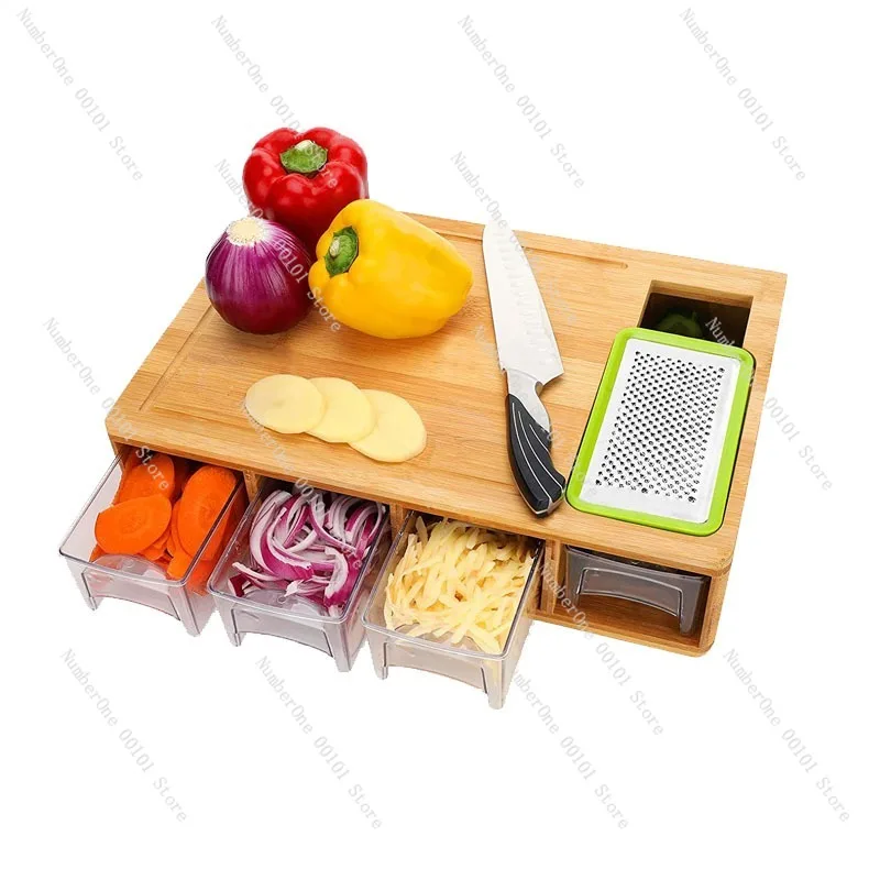 Home Kitchen Bamboo Cutting Board Set Multifunctional Chopping Block with Drawer Classified Storage Tray Natural Nan Bamboo