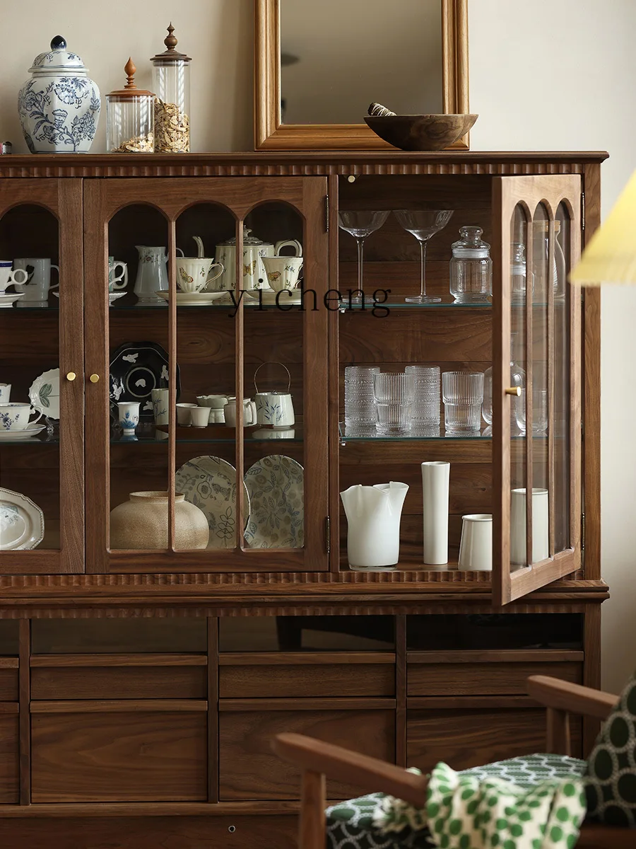 ZC Vintage Teaware Porcelain Display Cabinet Made of Glass Black Walnut Combination Sideboard Cabinet Hand-Made Locker