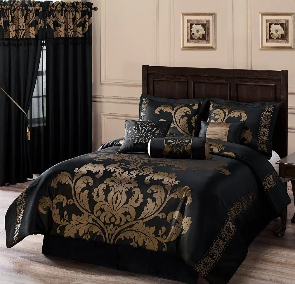 

Home 7pcs Black Gold Jacquard Floral Comforter Bedding Set King Size