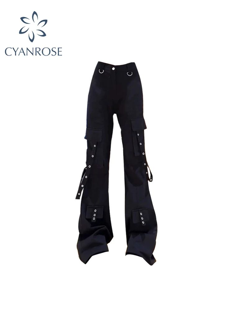 

Women's Black Gothic Flare Pants Baggy Y2k Harajuku Pants Vintage High Waist Wide Trousers Emo 2000s 90s Aesthetic Clothes 2023