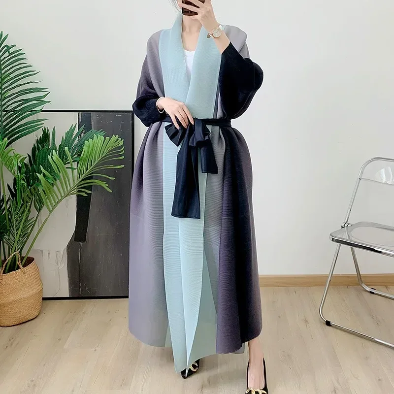 

Fashion Miyake Pleated Large size Gradient robe with long trench Abaya coat lace-up cardigan loose mop