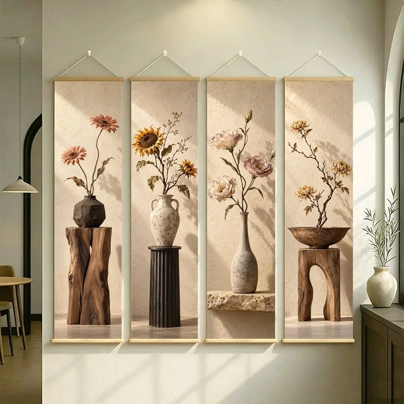Wall Decor Preserved Gerbera and Preserved Chrysanthemum, Wabi-Sabi Silver Shimmer Canvas Hanging Scroll for Reading Nook