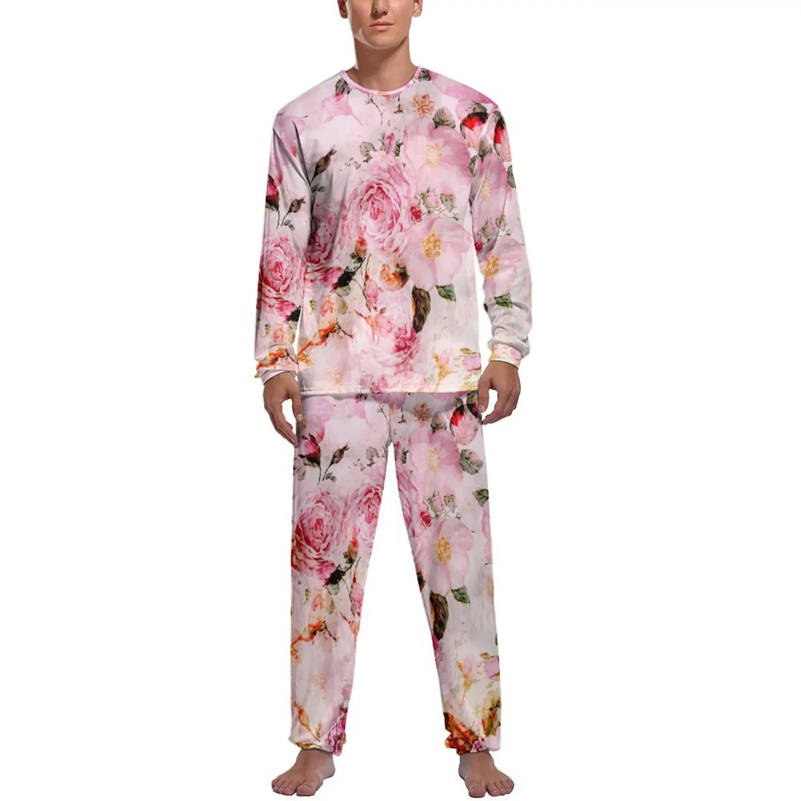 Watercolor Rose Pajamas Long Sleeve Pink Floral Print 2 Piece Casual Pajama Sets Winter Men Printed Fashion Nightwear