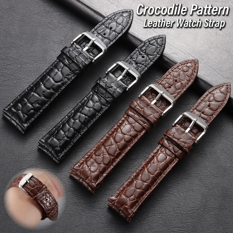 Crocodile Pattern Leather Watch Strap 12/14/16/18/19/20/21/22mm Genuine Cowhide Watch Band for Men Women Business Soft Bracelet