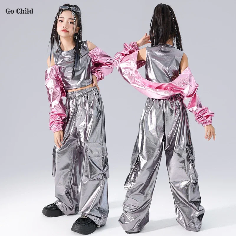 Girls K-pop Patchwork Crop Top Silver Cargo Pants Kids Hip Hop Shiny Streetwear Children Jazz Costumes Girl Group Clothes Sets