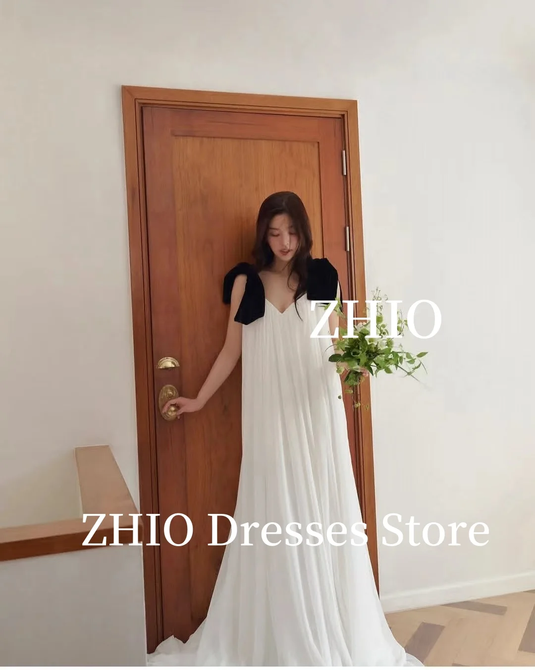 ZHIO Bow Contrast Color Wedding Dress A-Line Floor Length Evening Party Bridal Gown Korea Photo Shoot Customized Elegant
