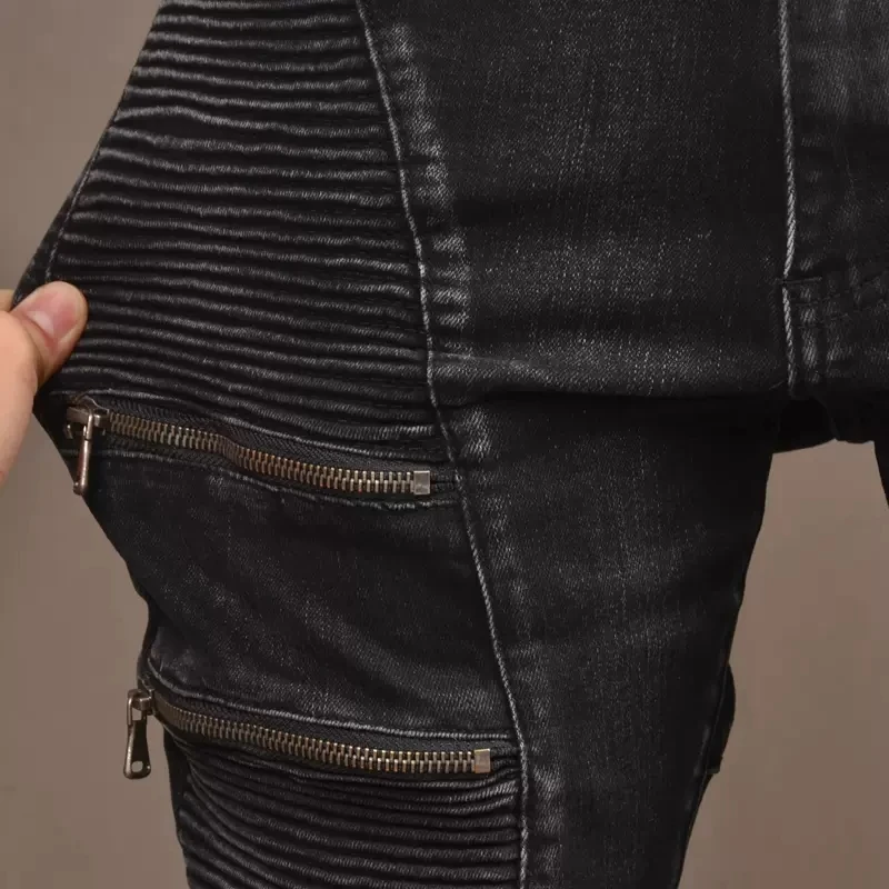 Streetwear Fashion Men Jeans Retro Black Gray Spliced Slim Fit Biker Jeans Homme Zipper Designer Stretch Hip Hop Pants Hombre