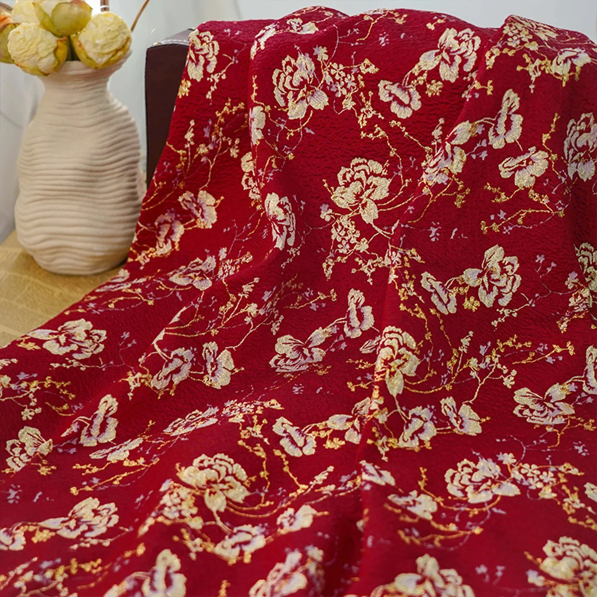 Gold Silk Flower Relief Jacquard Fabric Bright Red Dress Skirt Vest Decorative Sewing Fabric