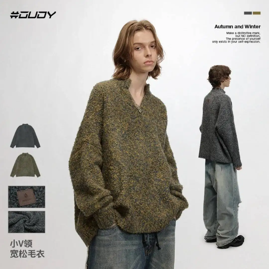 Man Women Sweater Autumn Winter Knitted Sweater New Lazy Style Solid Color Minimalist Small V Neck Loose Knitwear T-shirt