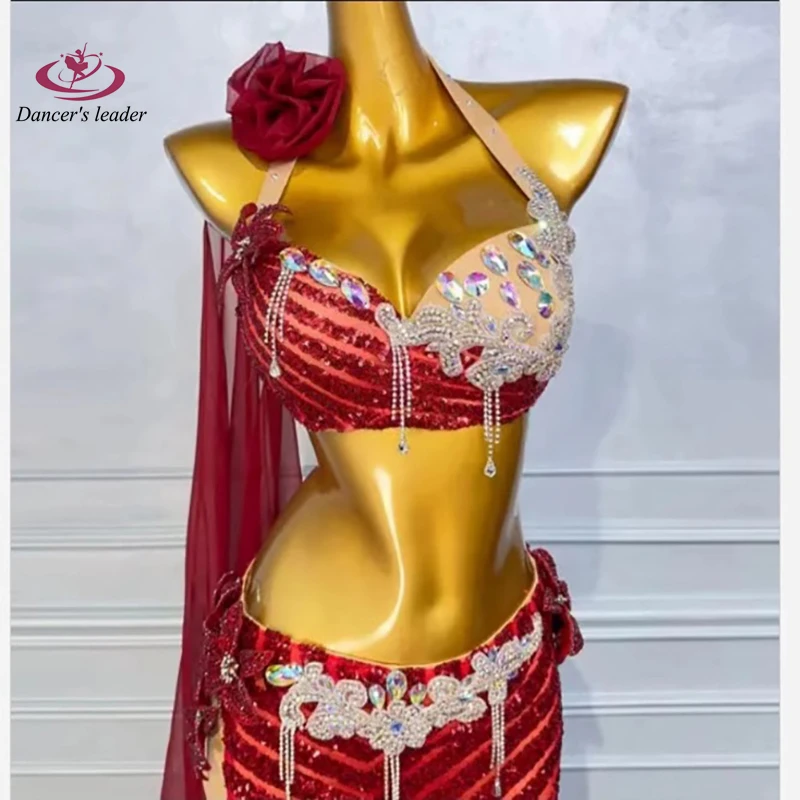 Belly Dance Competition Women\'s High-end Skirt Red Diamond Bra with Cape American Performance Costume dress