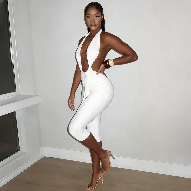 Women's sexy and fashionable pure-colored halter neck lace-up knot backless jumpsuit