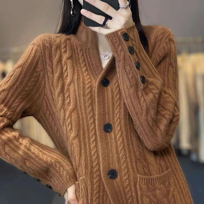 Fashion New 100% wool Sweater Solid Color Knitted Women\'s Cardigan Sweater Premium Long Sleeve Woolen Sweater Autumn and Win