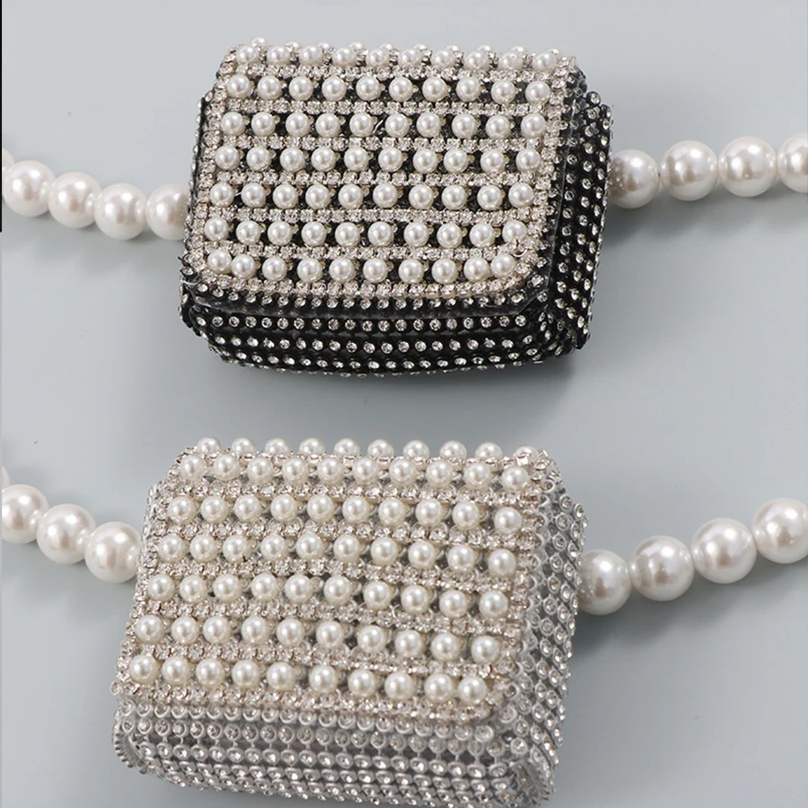 Luxury Rhinestone Pearls Waist Bag Mini Bead Bag Women Crossbody Waist Bags Chain Small Bag Purse Clutch Party Dinner Chest Pack