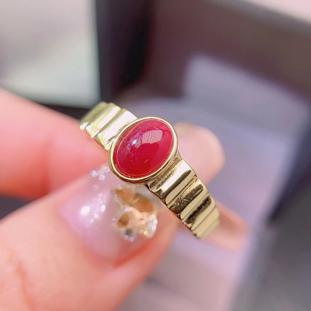 

Natural Cabochon Ruby Ring 5mm*7mm 0.7ct Ruby 925 Silver Ring with Gold Plated 925 Silver Gemstone Jewelry for Office Lady