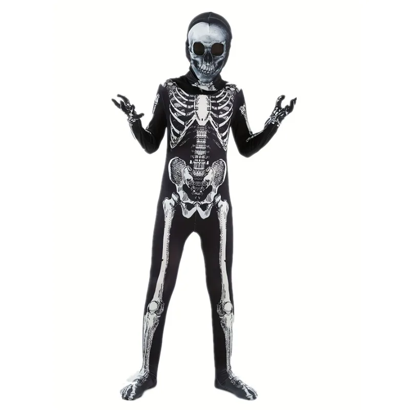 Tuta con cappuccio grafica Allover Skull per ragazzi, tuta da prestazione natalizia Set elegante vestito Versatile regalo per feste di Halloween