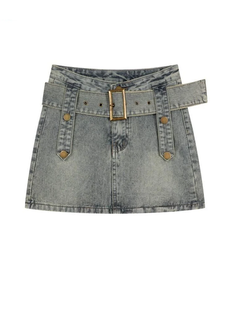 Retro design, niche denim skirt, women's summer high waist slimming, spicy girl A-line hip hugging short skirt