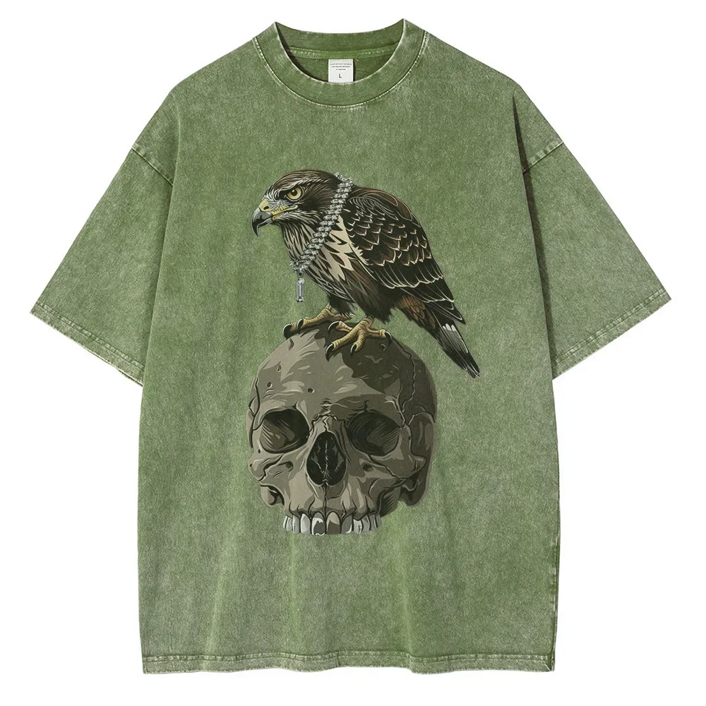 

Heavy Cotton Washed T Shirt for Men Eagle on The Skull Printed Graphic T Shirts Drop Shoulder Vintage Oversized T Shirt