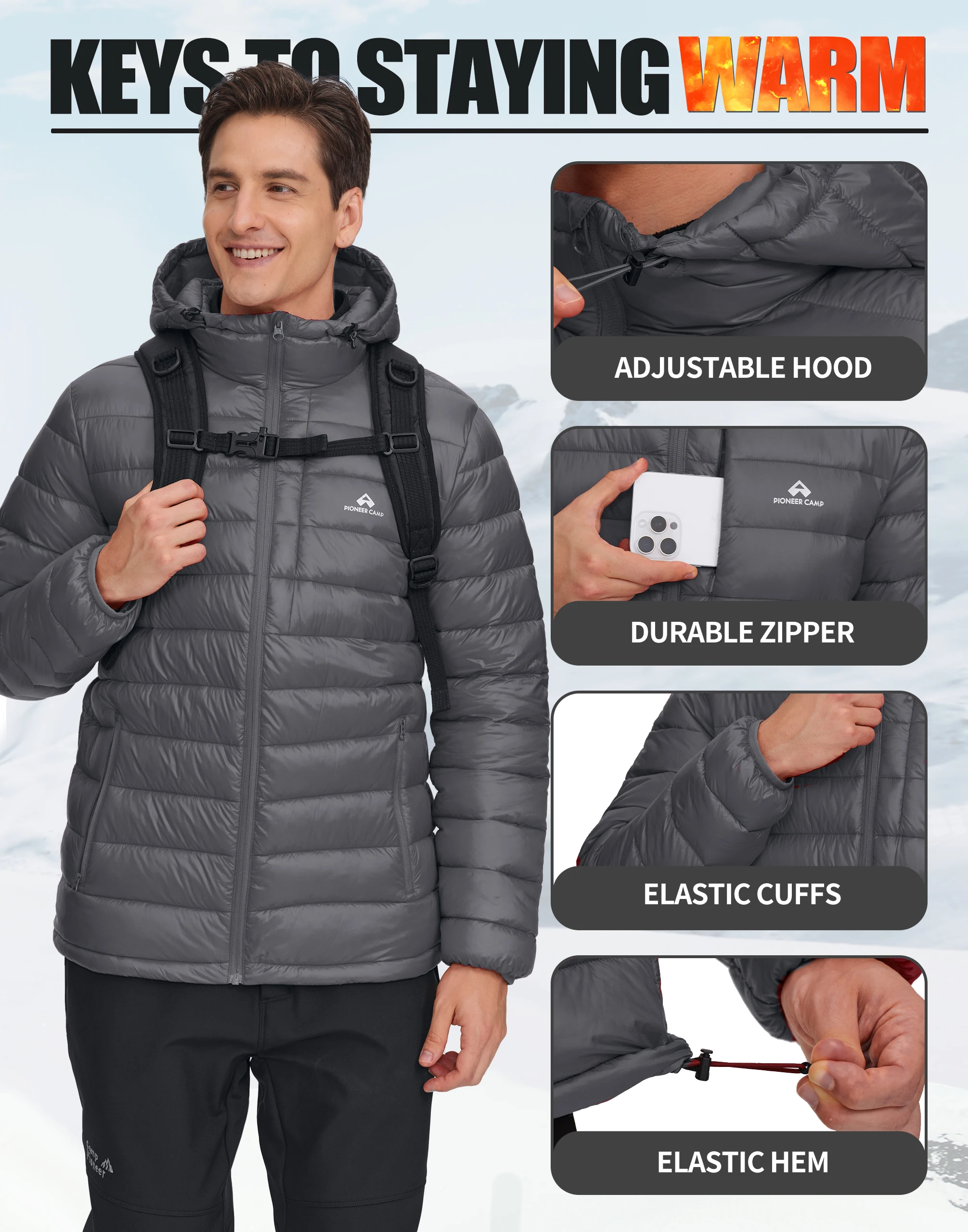 Pioneer Camp Men's Lightweight Packable Puffer Jacket with Hood Warm Puffy Winter Jacket Coat Insulated for Ski Hiking Travel