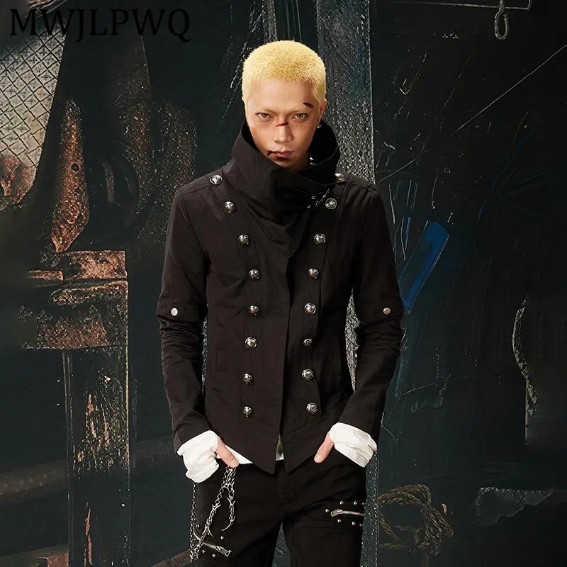 

MWJLPWQ Men's New Style Multi-Wear Detachable Sleeve Double-Breasted Jacket High Street Slim Fit Stand Collar Casual Tops 13865