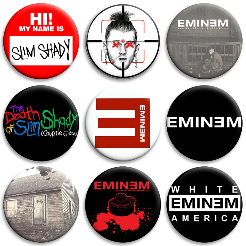 32/44/50/58mm Eminem Music Album Cover CD Lapel Pins Creative Badges Cartoon Brooches for Backpack Hat Collar Decoration Gifts