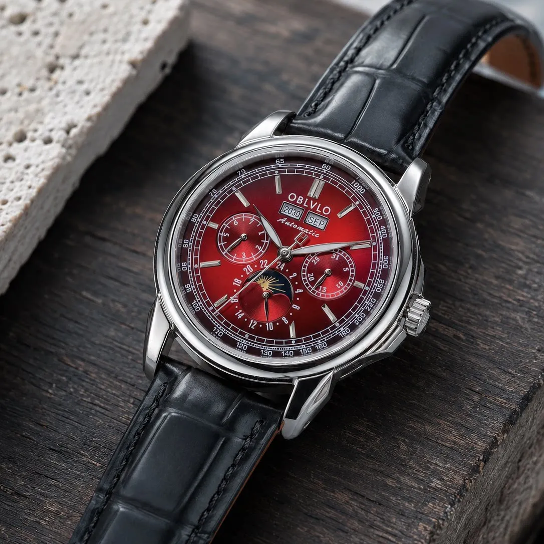 OBLVLO Men Automatic Watch 41mm Mechanical Wristwatch 50M Waterproof Luminous Multi-Dial Year Month Week Date