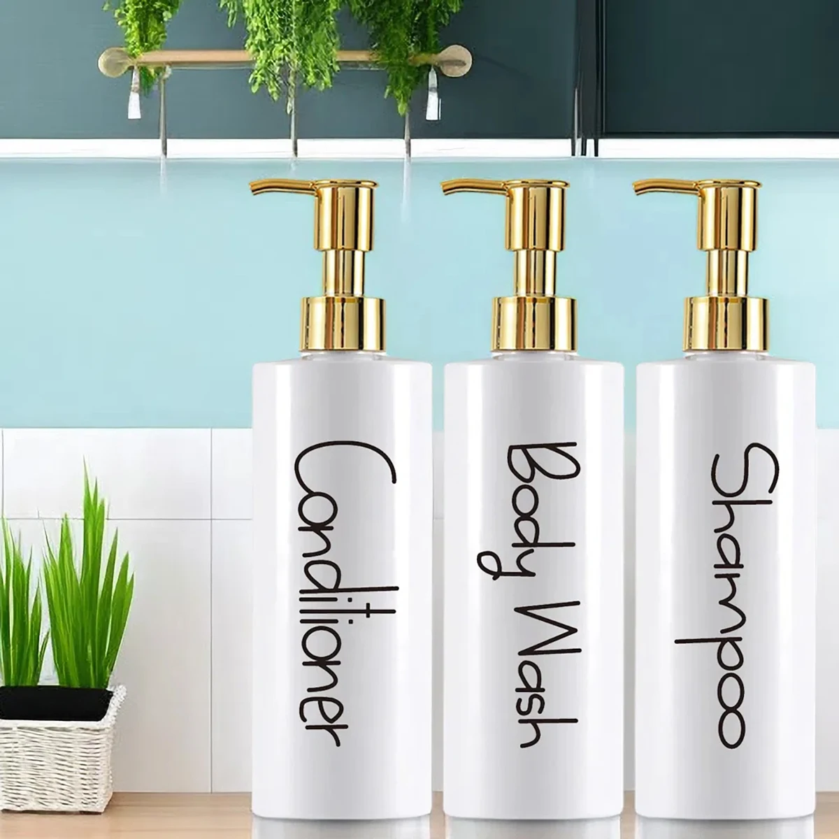 1set Bathroom Shower Dispenser Shampoo and Conditioner Bottles Refillable 16oz Shower Soap Bottle Pump Waterproof Labels