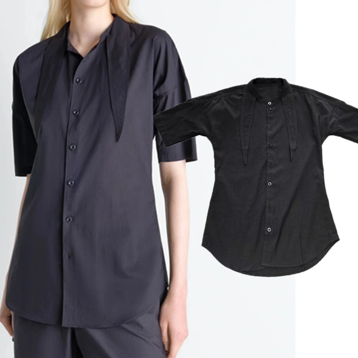 

Maxdutti Japanese Minimalist Navy Blue Cotton Shirt Top Short Sleeve Women's Blouses And Shirt Woman clothing Women's Shirt Top