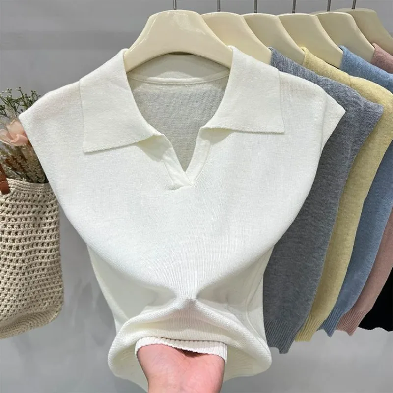 French Style Lapel Gray Short-sleeved Knitted Sweater Vest Women's 2025 Spring Summer Slim-fitting Versatile Sleeveless Top