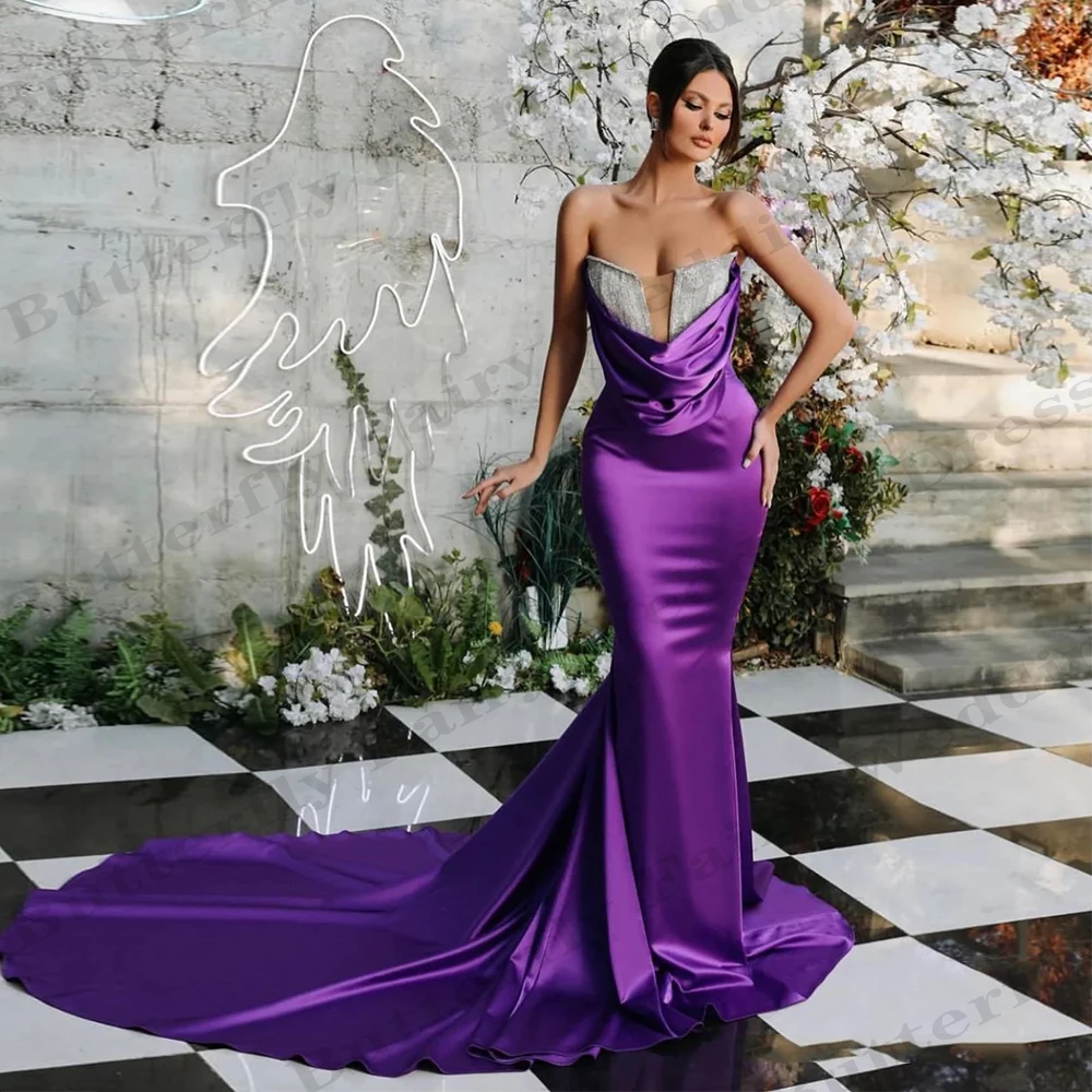 

Elegant Women's Evening Dresses Satin Pleated Mermaid Sexy Off Shoulder Sleeveless Princess Prom Gowns Fashion Celebrity Formal