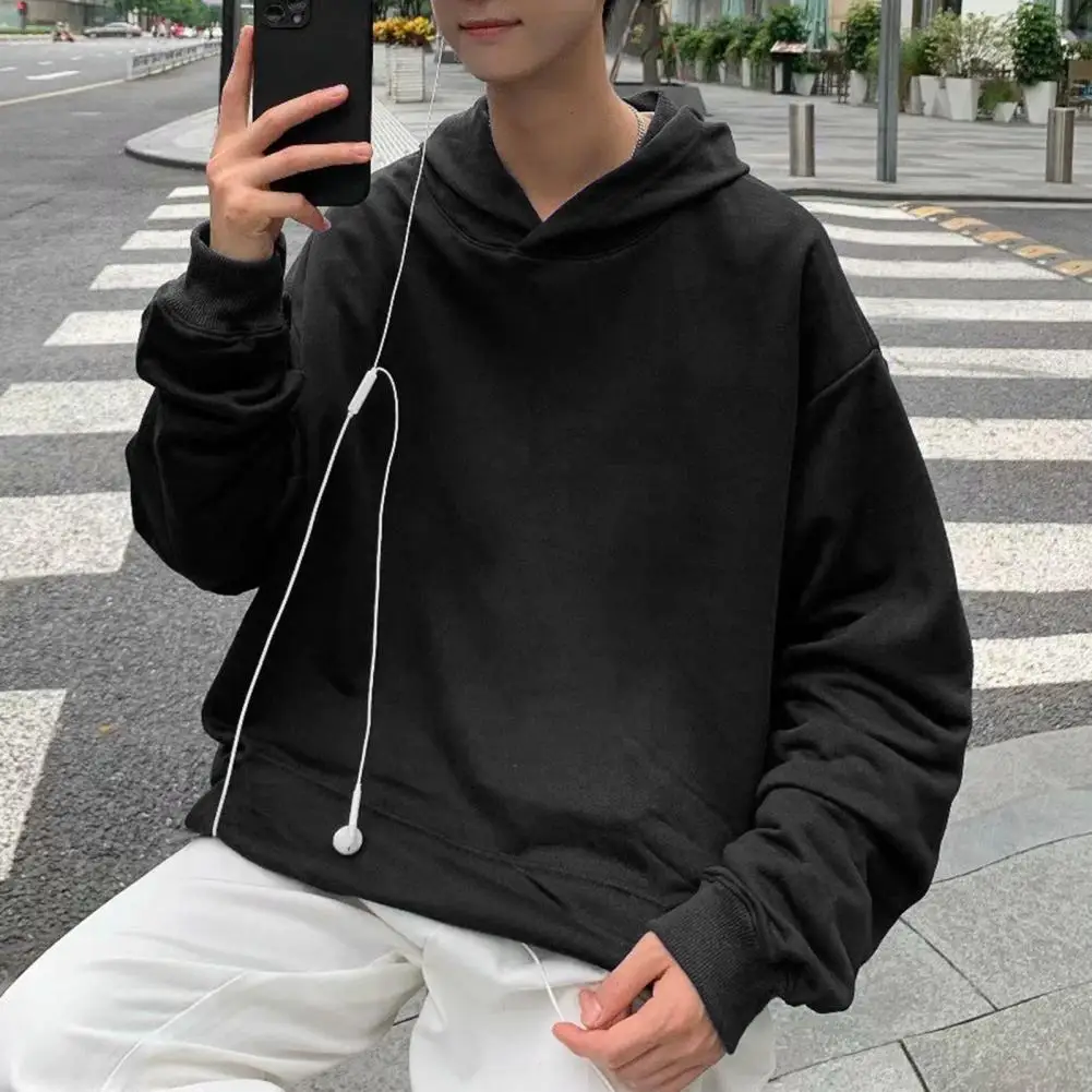 

Men Solid Color Hoodie Men's Fall Winter Hoodie with Elastic Cuff Big Patch Pocket Loose Fit Mid Length Sport Top for Keeping