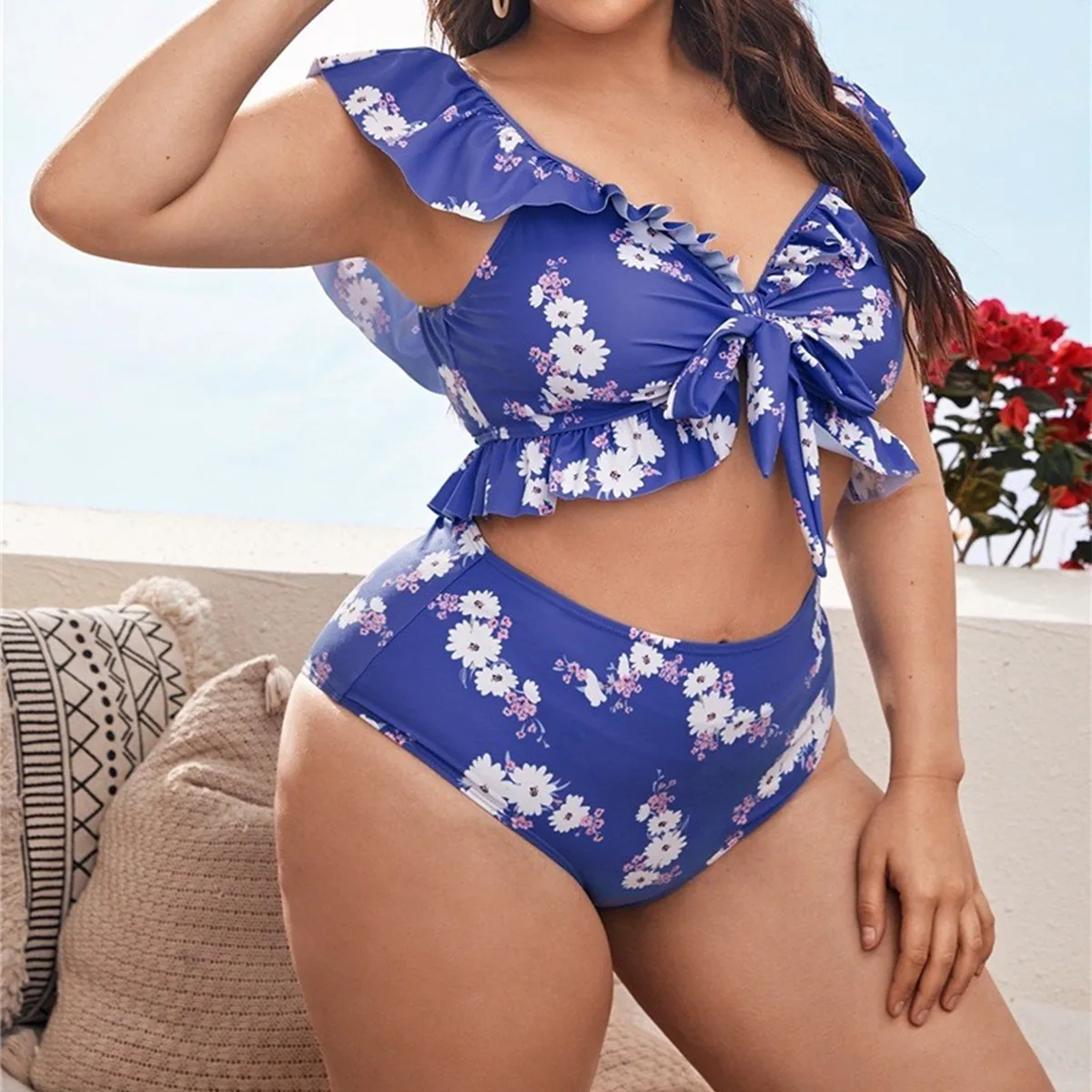 2022 Women Bikinis Set Swimwear Plus Size High Waist Floral Swimsuit Larges Big Plussize Swimming Suits Bathing Beachwear New