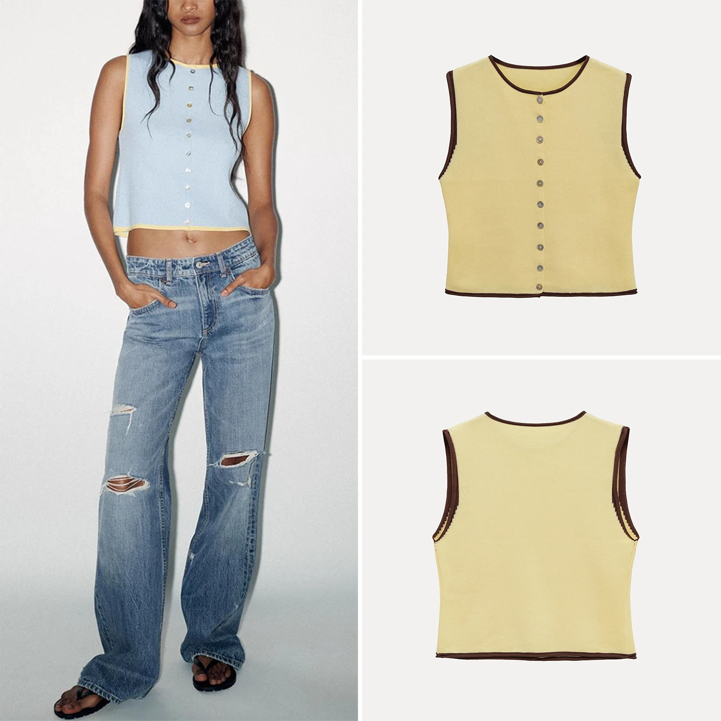 Fashionable Knitted Layered Women's Top Summer 2025 New Style ZADATA Slim Fit round Neck Single Button Closure  Color