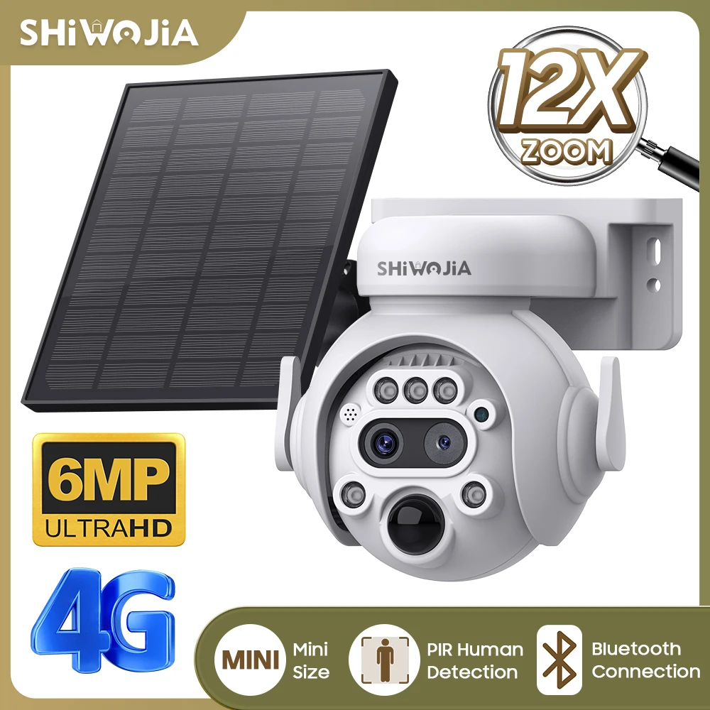 SHIWOJIA 3K 6MP Solar Camera 4G/WIFI Mini Security Outdoor 12X Dual Lens CCTV 7800mA Battery  Surveillance Video Camera