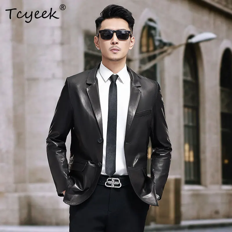 Tcyeek Real Leather Jacket Men Clothing Casual Autumn Mens Coats Top Layer Goatskin Suit Jackets Black Trendy Jaqueta De Couro