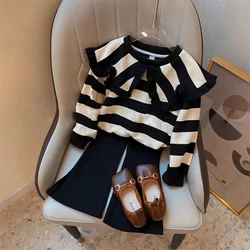 Menoea Long SleeveAutumn and Winter New Large Lapel Pleated Stripe Top+Bell-bottoms Two Piece Girls' Set