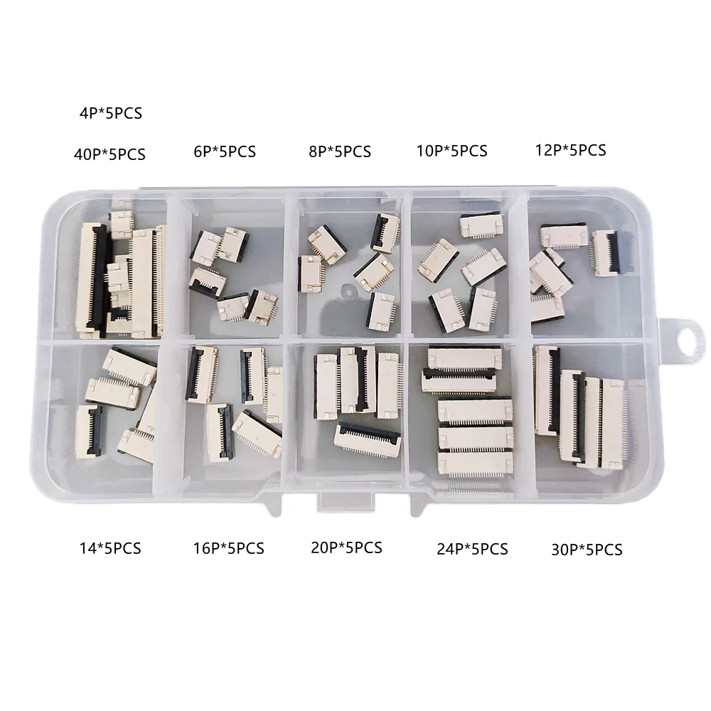 55PCS FPC 0.5mm Pitch Flip Type Under Clamshell Socket FFC Flat Cable Connector 4P 6P 8P 10P 12P 14P 16P 20P 24P 30P 40P Kits
