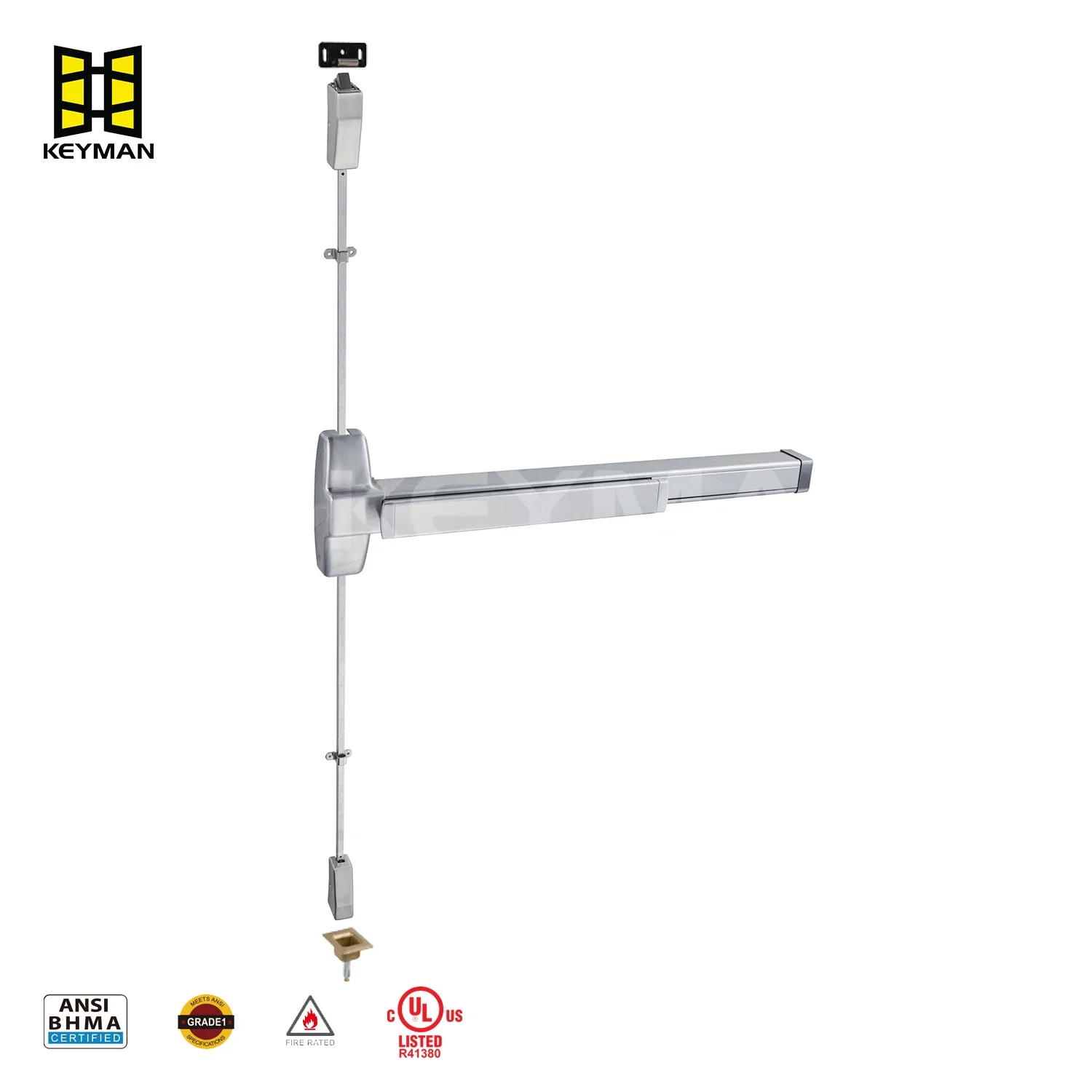 KEYMAN Fire Rated Surface Vertical Rod Exit UL 10C Listed for 3-Hour Labeled Doors   Fire Proof Door Push Bar Panic Exit Device