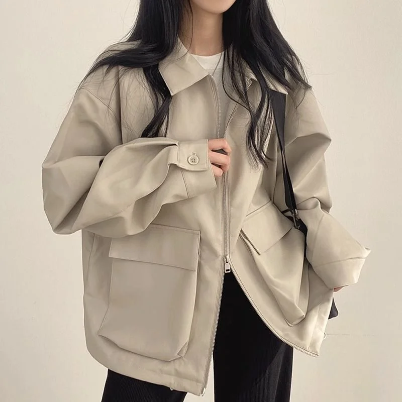 

plus Size Women's Vintage PU Leather Jaet Loose Fit Conceal Meat Turn-down Collar Cardigan Sle Autumn Winter Coat