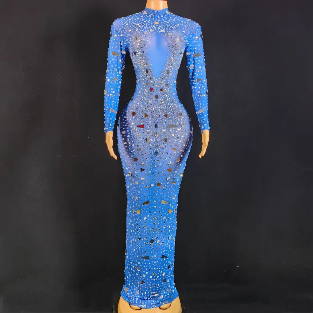 Длинное платье с синими бриллиантами, роскошное праздничное платье со стразами, сценический костюм, женское модное облегающее платье