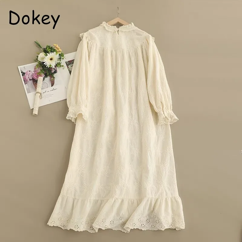 Vintage Embroidery Hollow Out Cotton Linen Dress Women Spring Mori Girl Lace Ruffled Casual Long Sleeve Loose Pullover Vestidos
