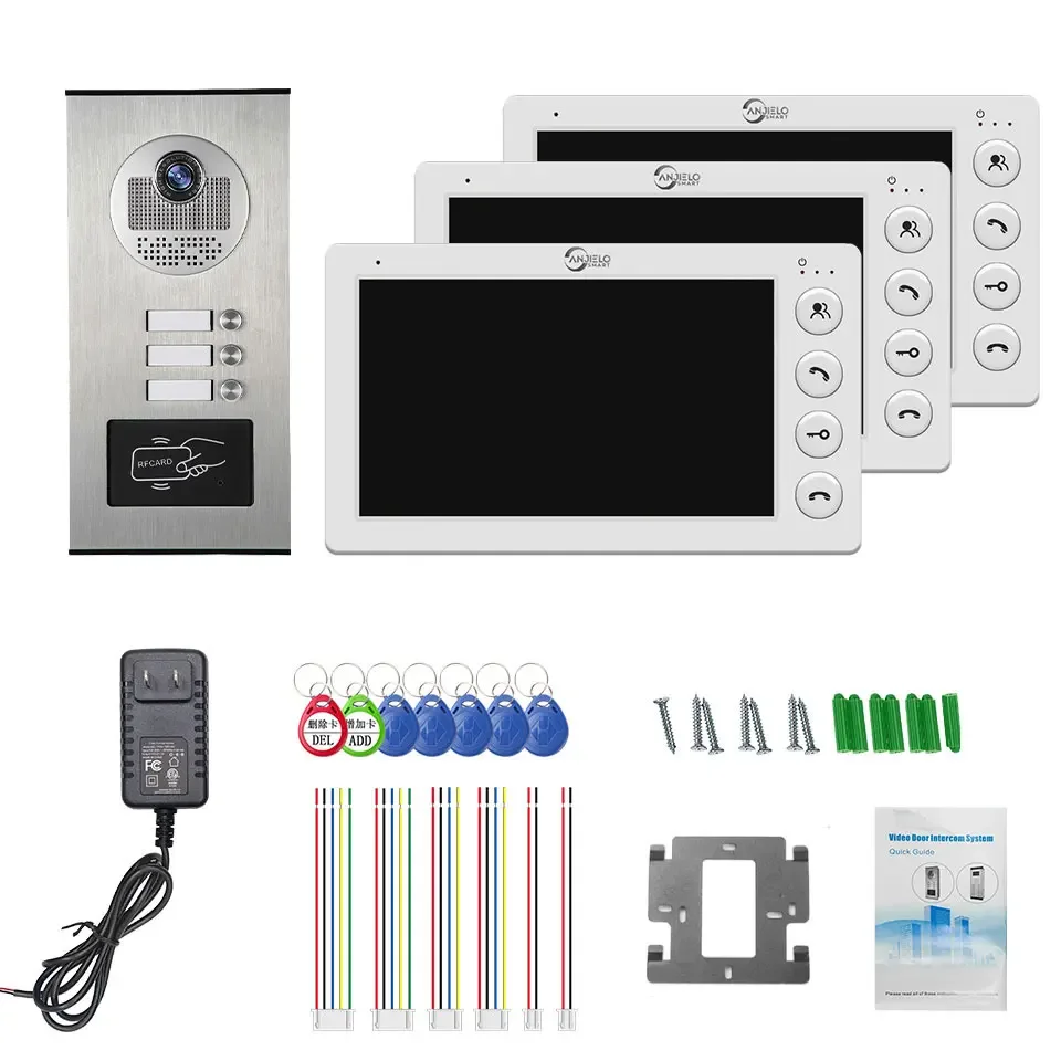 3 Unit Multi Apartments Intercom Video Doorbell with RFID Card Unlock 7inch 4Wired Video Door Phone System