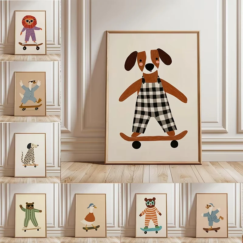 Funny Cartoon Animal Skateboarding Poster Trendy Goose Duck Dog Skate Canvas Painting Wall Art for Room Home Decor