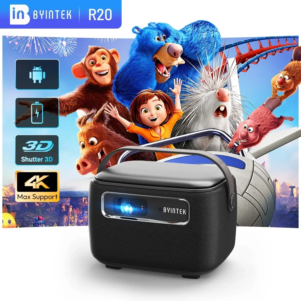 جهاز عرض BYINTEK R20 4K 1080P ذكي يعمل بنظام أندرويد مدمج ببطارية 15600 مللي أمبير في الساعة يدعم ثلاثية الأبعاد لأجهزة عرض الأفلام الخارجية للمسرح المنزلي