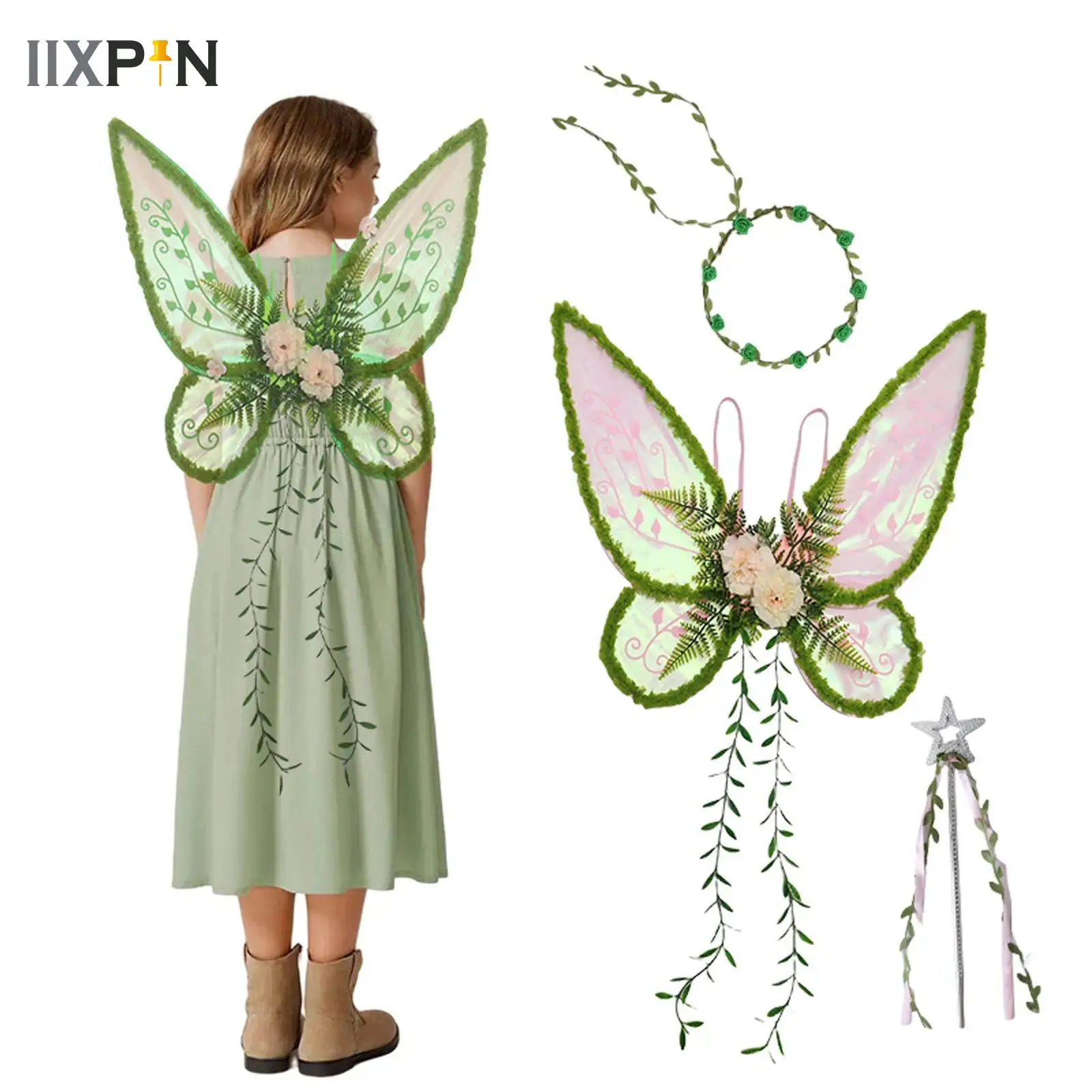 

Green Fairy Wings Adult Butterfly Wings Forest Elf Wings with Garland And Fairy Wand for Halloween Cosplay Costume Accessories