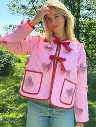 2024 New Sweet Pink 3D Bow Winter Coat Lace-up Double Pocket Fashion Quilted Cotton Jacket Autumn Chic Outwear Female Clothes