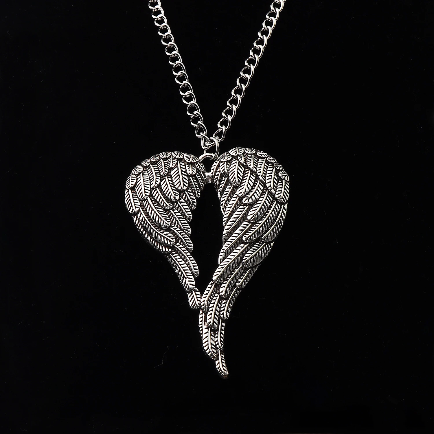ZXZ Tibetan Silver Large Abstract Metal Guardian Angel Wings Pendant on Long Curb Chain Necklace